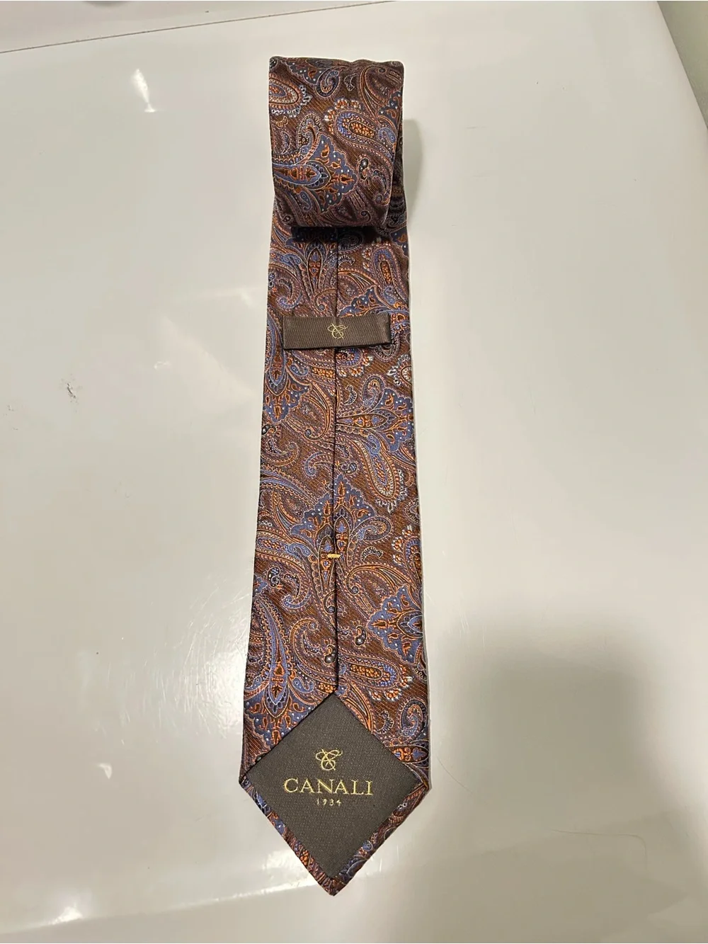 Canali Brown and Blue Paisley Silk Tie with Orange Accents